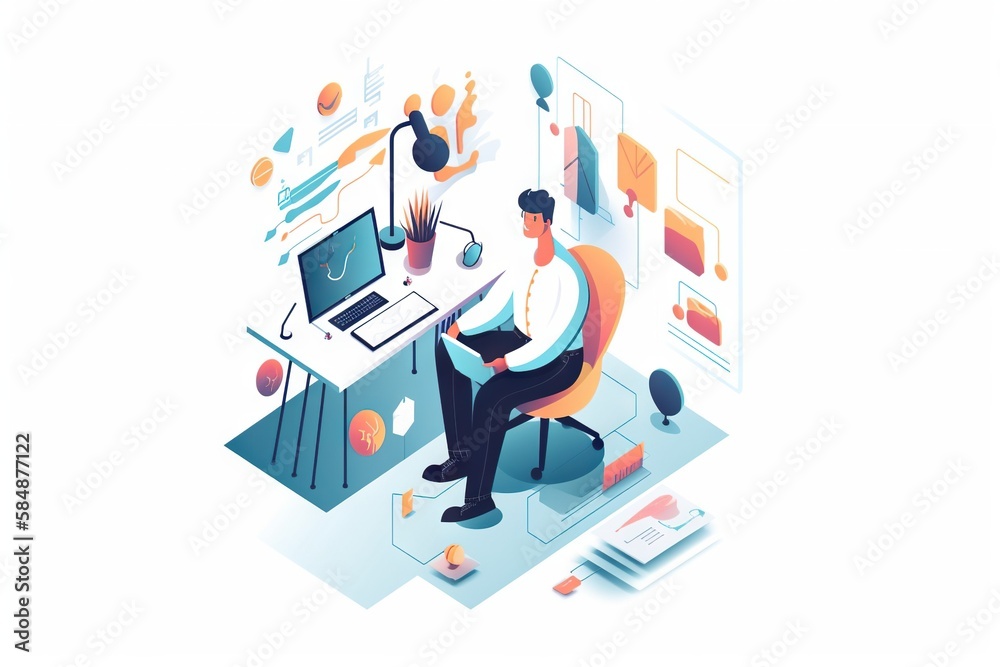 Poster a man sitting at a desk with a laptop computer in front of him workshop graphic design instructional