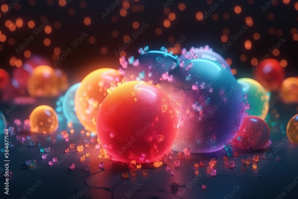 Poster a group of colorful balls with bubbles on a table with a black background lunar landscape animation 