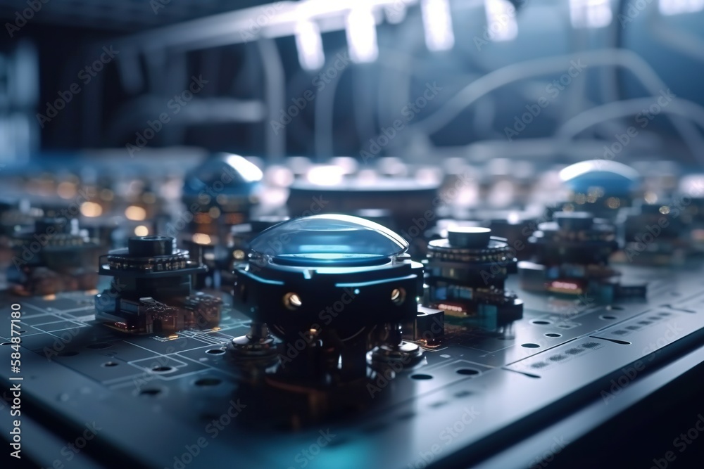 Poster a close up of a computer board with a lot of electronic components factory animation robotics engine