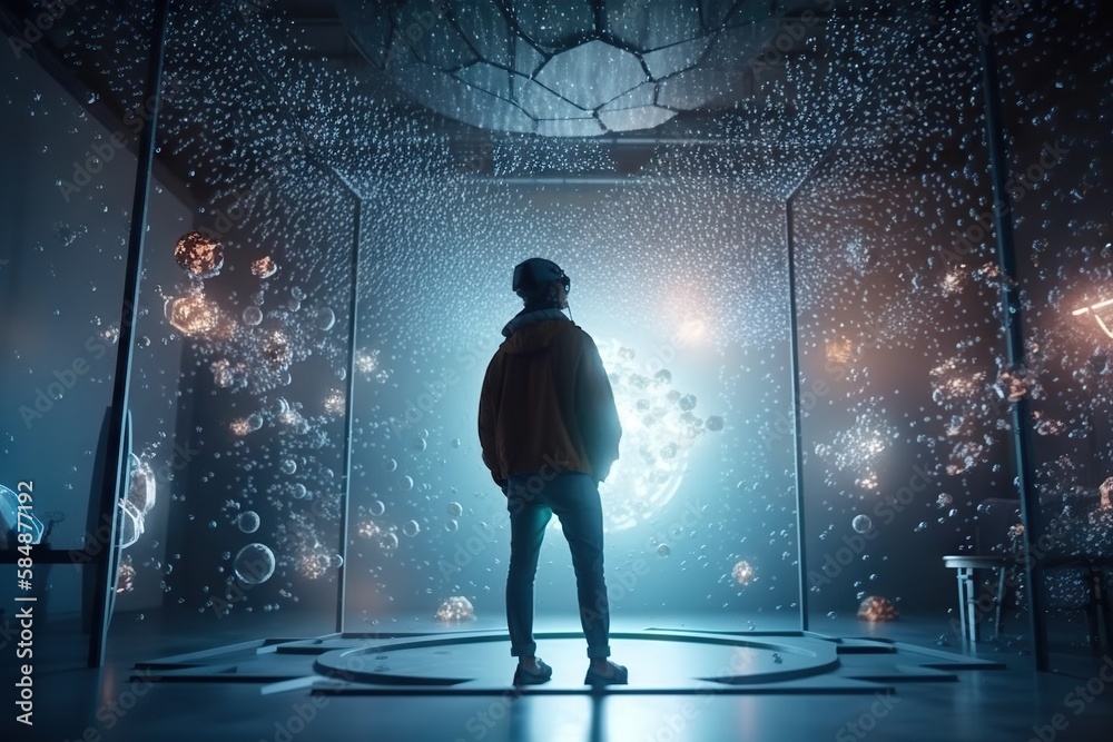 Poster a person standing in a room with bubbles all over it and a light shining on the floor workshop anima