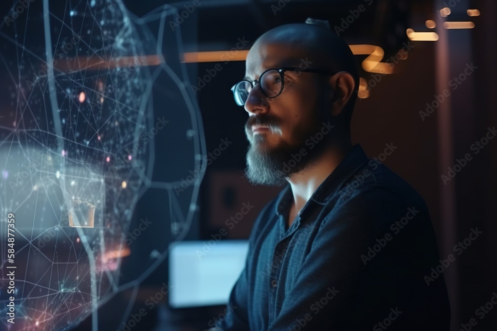 Poster a man with glasses looking at a computer screen with a network of dots deep sea trench animation dat