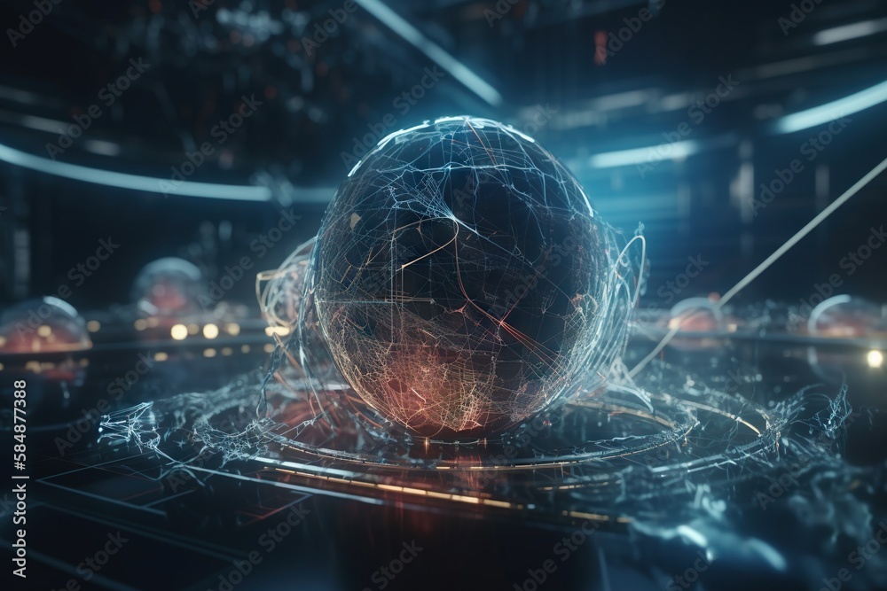 Poster a sphere with lines and dots in the middle of it surrounded by other spheres factory animation motio