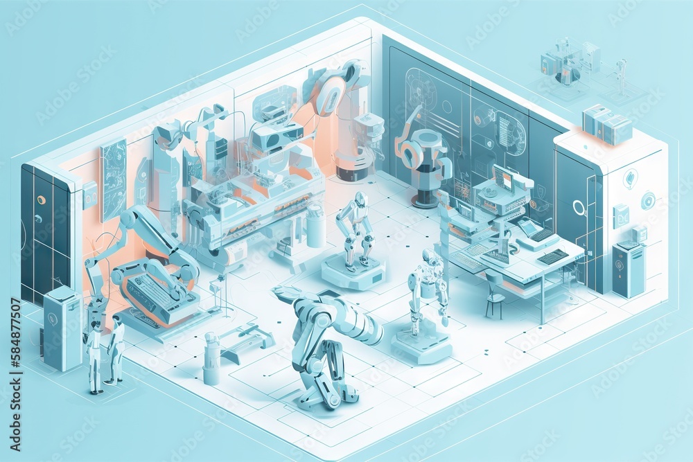 Poster a futuristic room with a robot and other equipment in it including a large window workshop animation