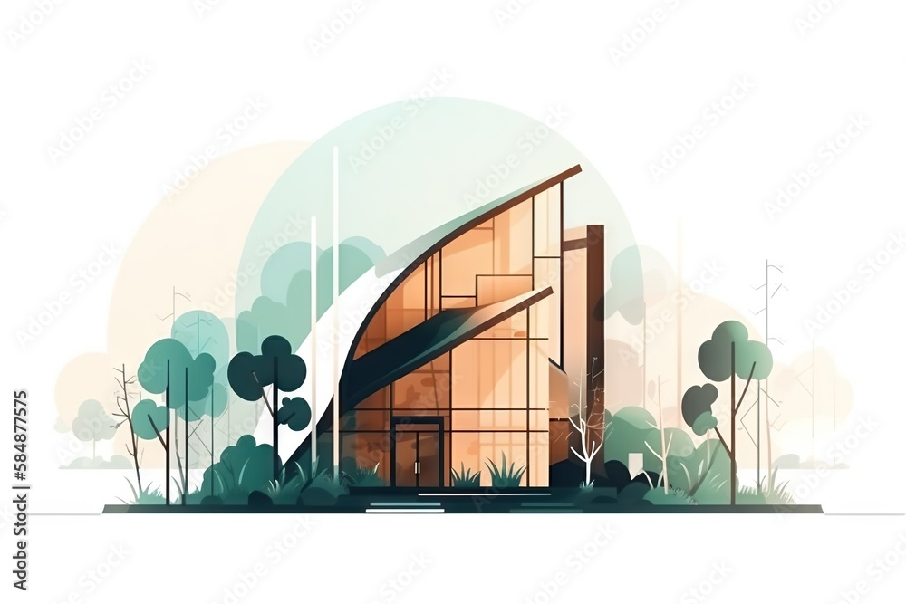 Poster a building with a large window and trees around it with a sky background mountain lodge art deco arc