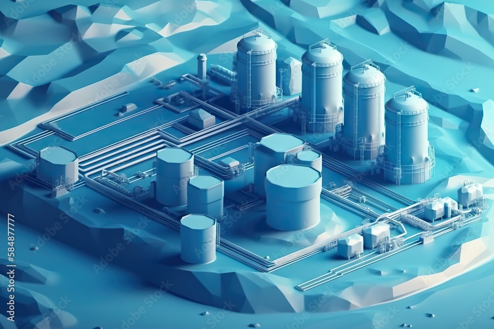 Poster a computer generated image of a factory with a blue background and a blue background power plant ani