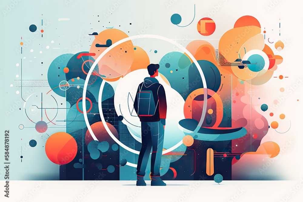 Poster a man standing in front of a colorful background with circles and shapes classroom graphic design in
