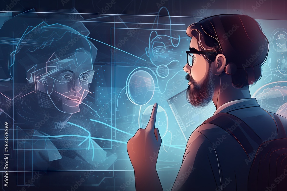 Poster a man with a beard and glasses is looking at a computer screen workshop animation artificial intelli