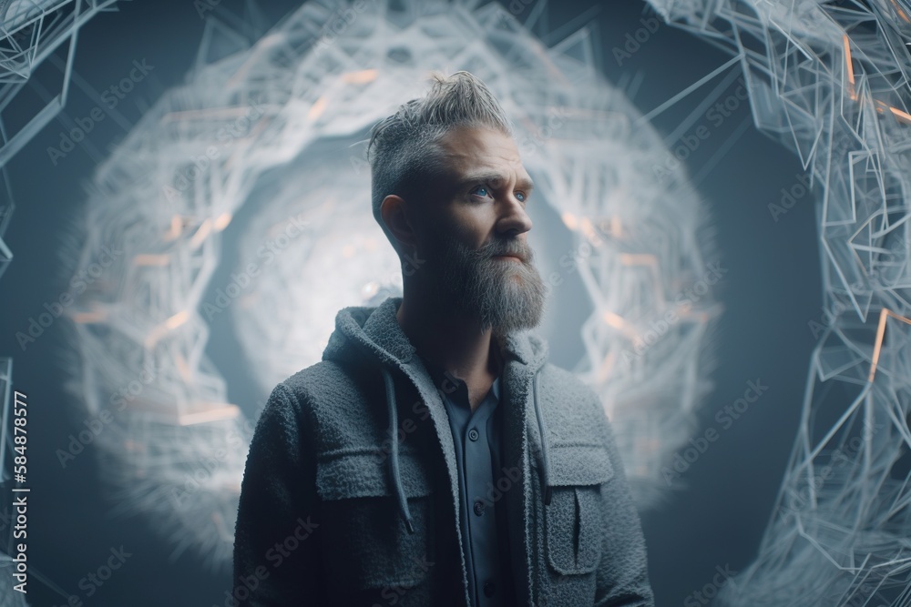 Poster a man with a beard and a beard standing in front of a circular object tundra video art motion graphi