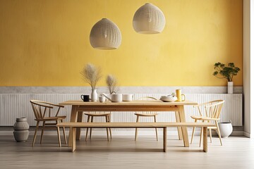 Japandi dining room with white and yellow minimalist wooden table. Panorama, wallpaper mockup. Minimalist interiors. Generative AI