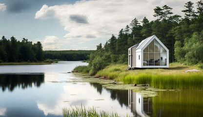 Fototapeta na wymiar White Grey Black Seasonal Tiny Home Maine Lakehouse Cape Style A Frame Contemporary Modern Chic