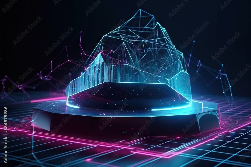 Poster a futuristic object with a glowing surface and lines on it with a dark background iceberg animation 
