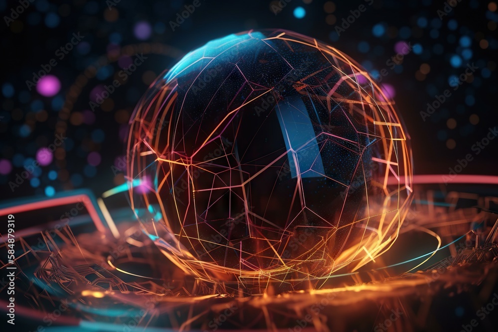 Poster a sphere with a bright light pattern on it and a dark background arcade animation motion graphics ge