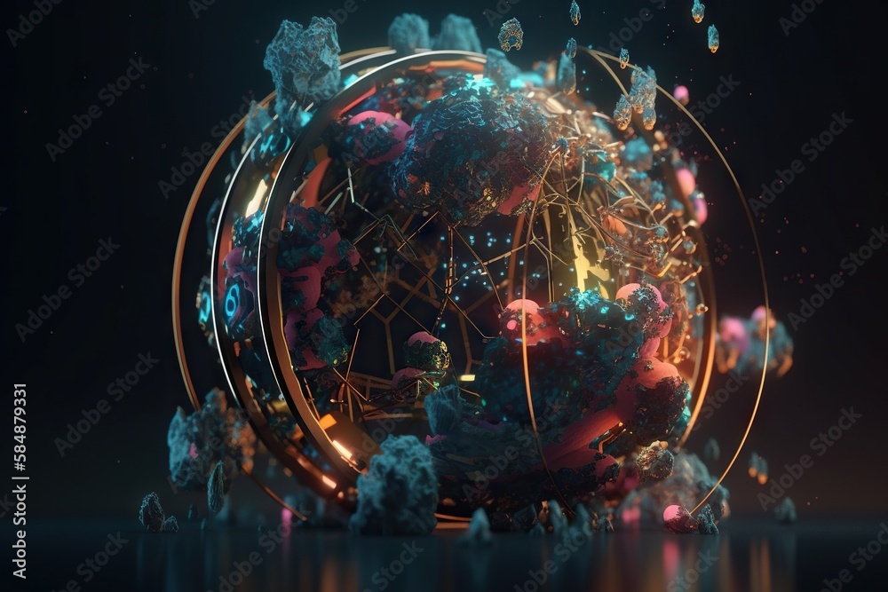Poster a colorful globe with many different objects floating around it in the dark lunar landscape kinetic 