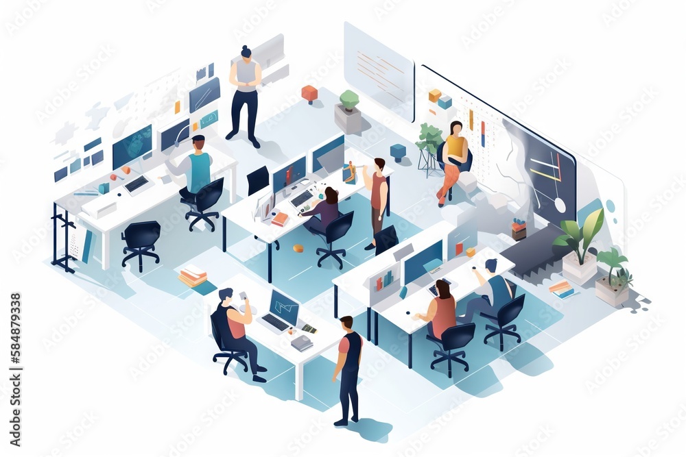 Poster a group of people working at computers in an office setting with a large screen workshop graphic des