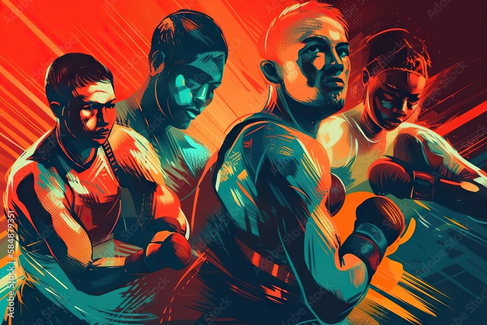 Poster a group of men standing next to each other in front of a red background boxing gym graphic design mo