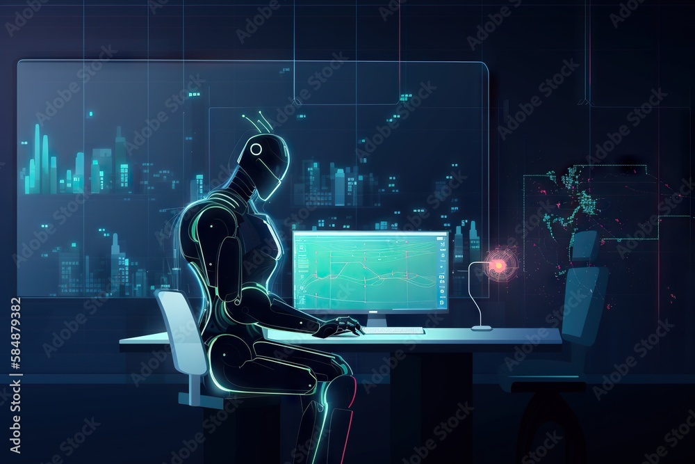 Poster a man sitting at a desk with a computer in front of him workshop animation robotics engineering gene