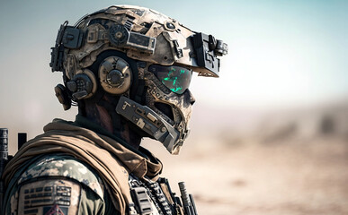 soldier in modern uniform with helmet and visor, explosion in war zone, desert-like landscape. Generative AI