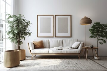 Empty picture frame on contemporary living room white wall. Scandi boho interior mockup. Picture copy space. Grey sofa. Generative AI