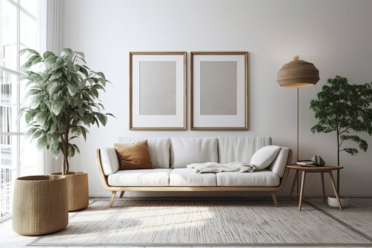 Empty Picture Frame On Contemporary Living Room White Wall. Scandi Boho Interior Mockup. Picture Copy Space. Grey Sofa. Generative AI