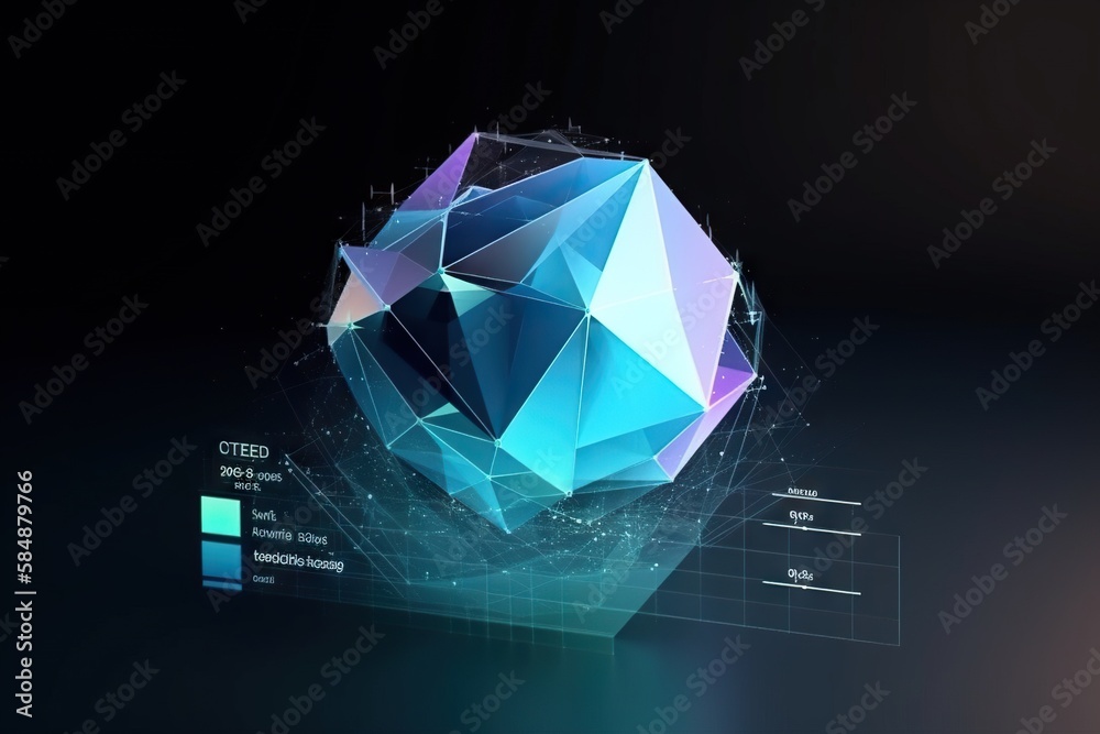 Poster a blue and purple abstract polygonal object with lines and dots iceberg graphic design motion graphi