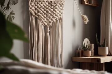 Macrame wall hanging with wooden stick on white wall. Feminine hobby. Green interior knitting decorating. Copies. Generative AI