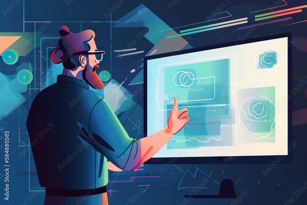 Poster A Man Is Pointing To A Screen With Diagrams On It And A Person Is Pointing At It Workshop Graphic Design Web Design Generative AI 