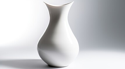 A minimalist white ceramic vase with a delicate, curved shape, casting a subtle, elongated shadow. Isolated on a White Background. generative ai