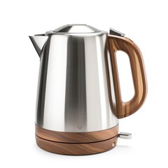 A sleek stainless steel kettle with a wooden handle, isolated on a white background, generative ai