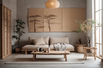 Japandi living room with plaster wall. Macrame wall art and minimalist fabric couch. Wabi sabi decor,. Generative AI