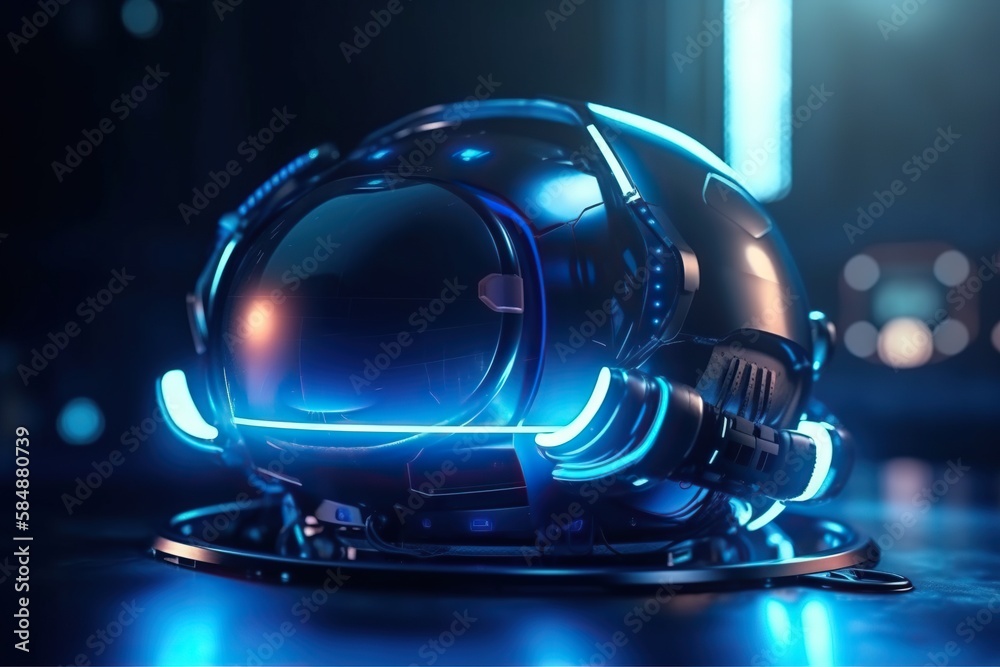 Poster a futuristic helmet with glowing lights on it is shown in this image aquarium animation robotics eng