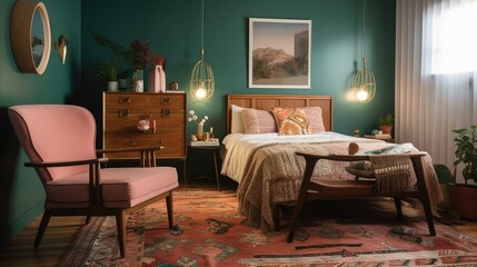 An eclectic bedroom with a mismatched collection of furniture, including a vintage-style armchair and a mid-century nightstand. generative ai