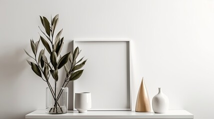 Empty square frame mockup in modern minimalist interior with plant in trendy vase on white wall background, generative ai