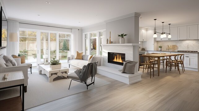 Open plan living room with white kitchen and a cozy patio with a white fireplace. generative ai