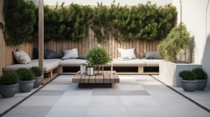 The exterior of a modern back garden patio area, minimalistic, generative ai