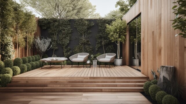 The exterior of a back garden patio area with wood decking. generative ai