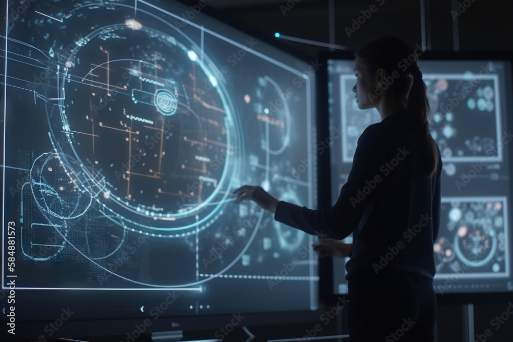 Poster a woman standing in front of a large screen with a futuristic interface conference room animation da