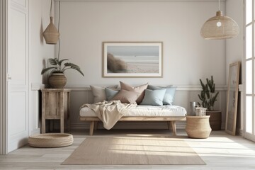Fototapeta na wymiar Coastal style room. Cozy house interior mockup wall. Hamptons illustration. Generative AI