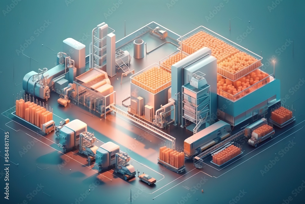 Poster a computer generated image of a factory with oranges in the process factory animation motion graphic