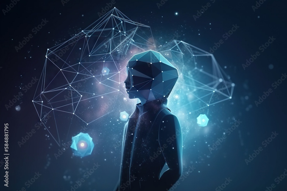 Poster a person standing in front of a digital background with a geometric structure aquarium animation mat
