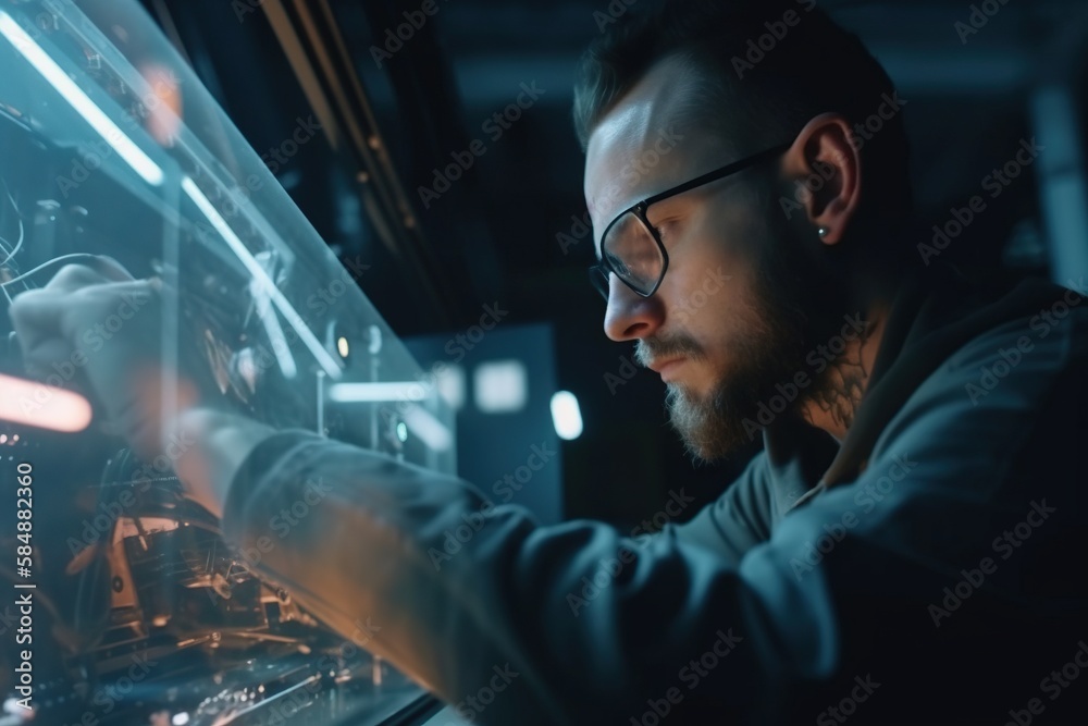 Poster a man working on a machine in a dark room with a light on workshop animation robotics engineering ge