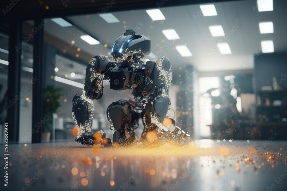 Poster a robot is standing on a shiny surface in a room with a window workshop animation robotics engineeri
