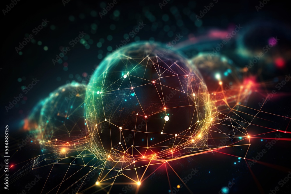 Poster a sphere with many lines and dots on it with a dark background deep sea trench animation network eng