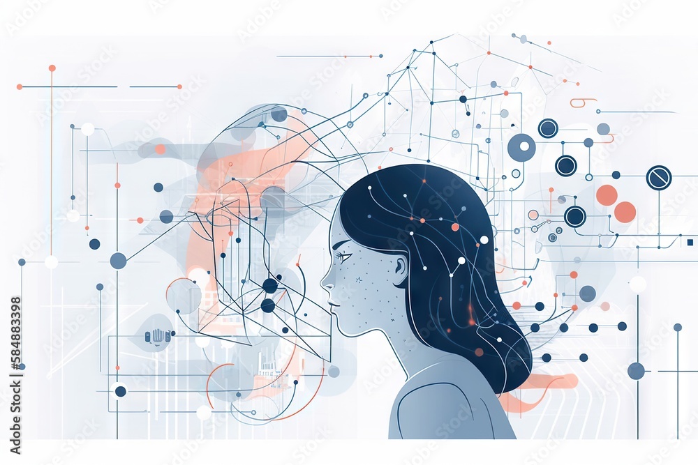Poster a woman's profile with a futuristic background and dots in the background workshop graphic design na