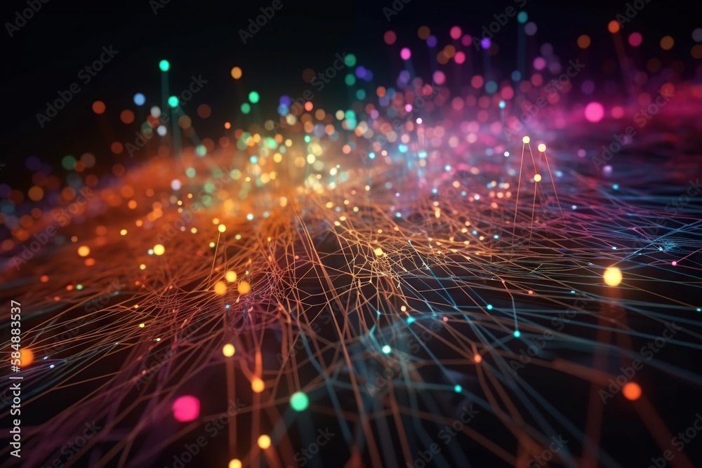 Poster a colorful network of lines and dots on a black background with a black background deep sea trench a