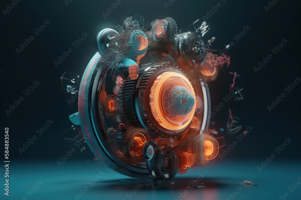 Poster a futuristic clock with many different gears and numbers on it with a dark background junkyard kinet