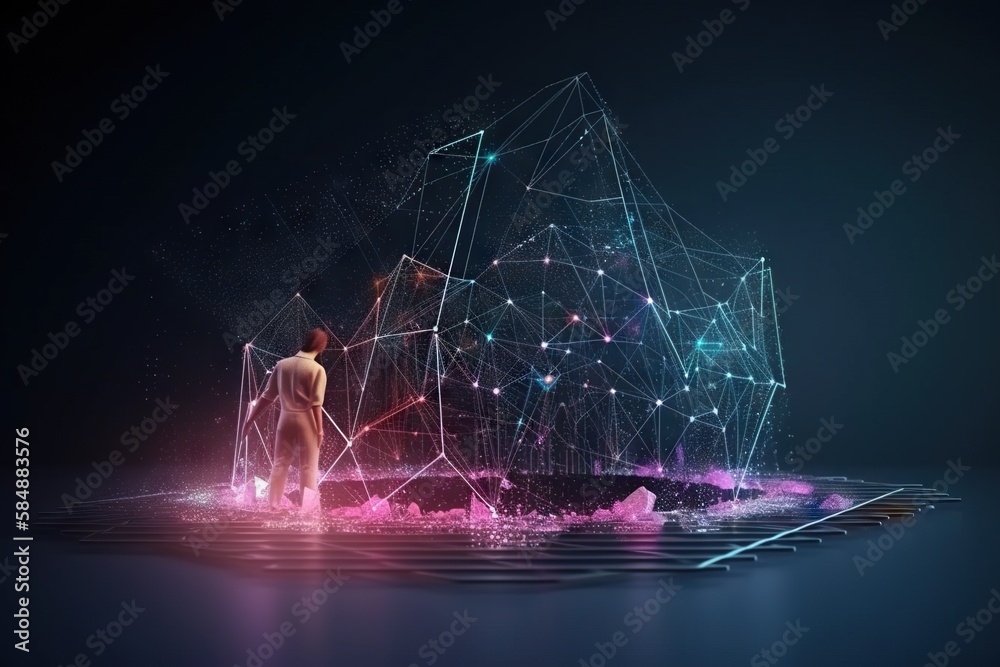 Poster a person standing in front of a digital structure with lines and dots deep sea trench animation moti