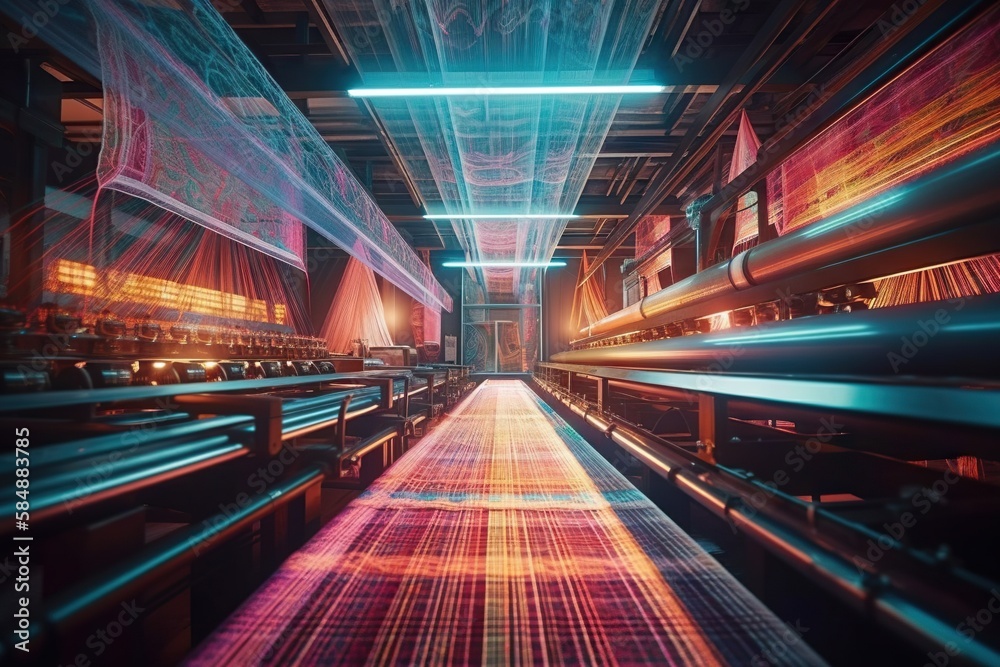 Poster a long exposure of a hallway with a colorful carpet and lights factory animation motion graphics gen