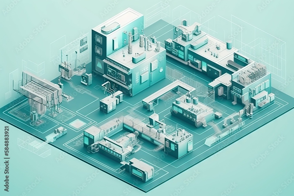 Poster a computer generated image of a factory with a lot of machines factory animation manufacturing plann