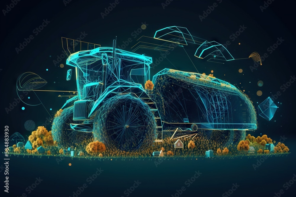 Poster a tractor with a large wheel on it in the middle of a field farm animation motion graphics generativ