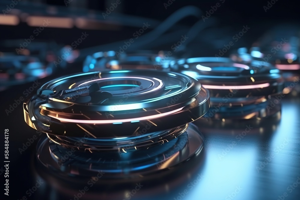 Poster a group of shiny objects sitting on top of a table next to each other factory animation motion graph